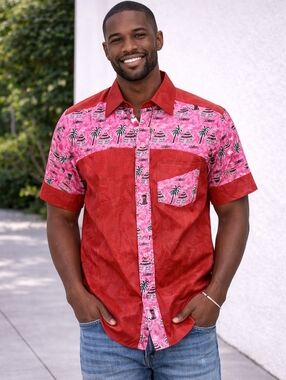 Medium African Ankara Wax Print Hawaiian Shirt for Men Dark Red Pink & Black